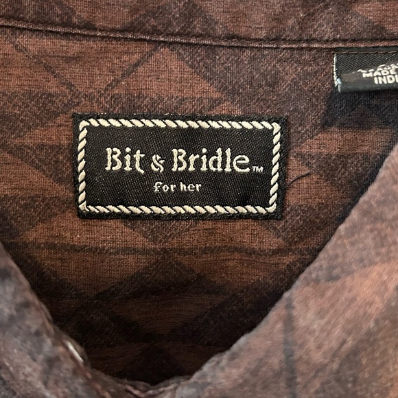 Bit & Bridle for‎ Her Size Large Long Sleeve Western Rodeo Horse Brown Button Up - Picture 3 of 7